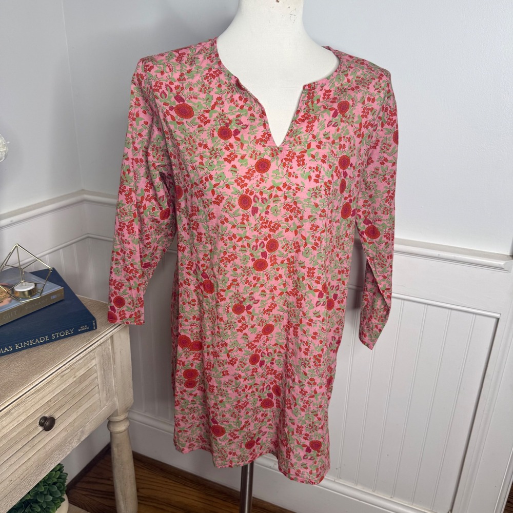 Roberta Roller Rabbit Pink Floral Block Print Cotton Tunic Top Split Neck Size M